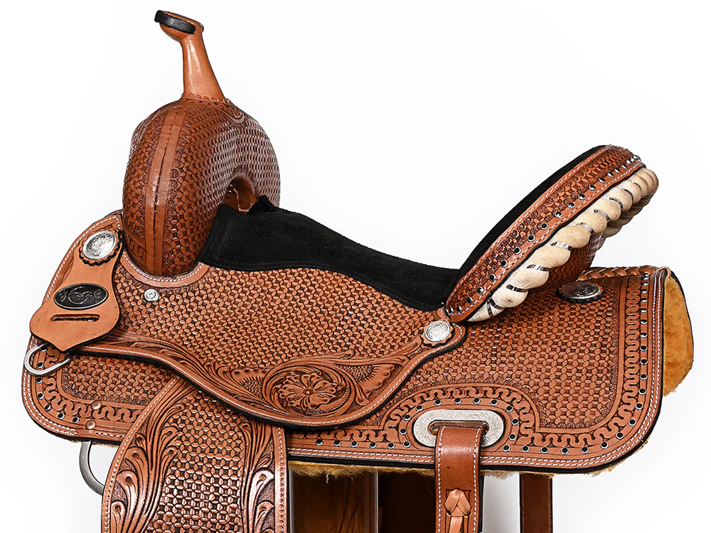 Black suede leather seat Comfytack Hilason dark brown floral barrel racing saddle full quarter horse