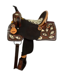 Double T 13 inch Wilma Longhorn barrel style saddle speckled cowhide seat copper turquoise conchos