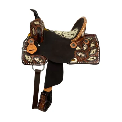 Double T 13 inch Wilma Longhorn barrel style saddle speckled cowhide seat copper turquoise conchos