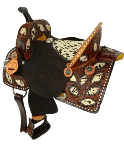 Speckled cowhide inlayed seat almond shaped inlays Double T Wilma Longhorn barrel saddle