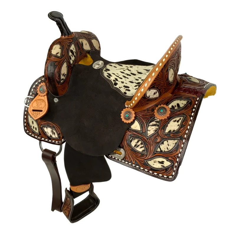 Speckled cowhide inlayed seat almond shaped inlays Double T Wilma Longhorn barrel saddle