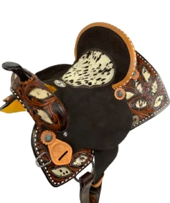 Intricate leaf tooling dark frame finish white buckstitch Double T Wilma Longhorn barrel saddle