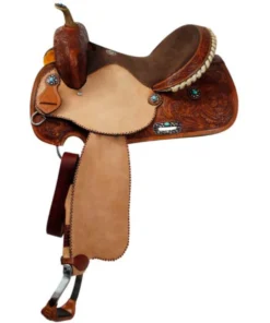 Double T barrel racing saddle silver laced tan rawhide cantle floral tooled turquoise conchos