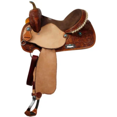 Double T barrel racing saddle silver laced tan rawhide cantle floral tooled turquoise conchos
