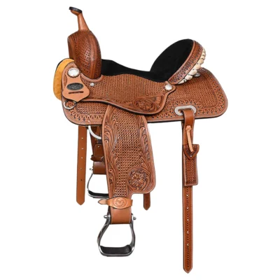 Comfytack Hilason floral dark brown American leather barrel racing saddle full quarter horse bars