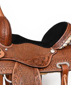 Floral hand tooled dark brown American leather detail Comfytack Hilason barrel racing saddle