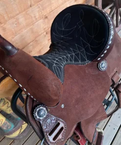 Rockin W 16 inch roughout barrel racing saddle black suede seat silver conchos full quarter horse bars