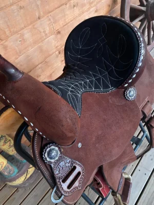 Rockin W 16 inch roughout barrel racing saddle black suede seat silver conchos full quarter horse bars