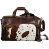 Klassy Cowgirl western luxe rolling duffel chocolate Argentina leather hair on cowhide rodeo travel bag
