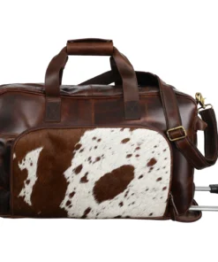 Klassy Cowgirl western luxe rolling duffel chocolate Argentina leather hair on cowhide rodeo travel bag