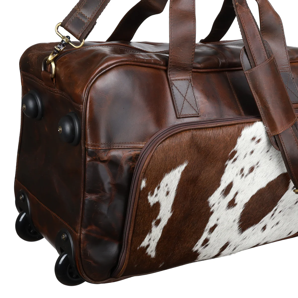 Genuine hair on cowhide accent detail Klassy Cowgirl western luxe rolling duffel chocolate leather