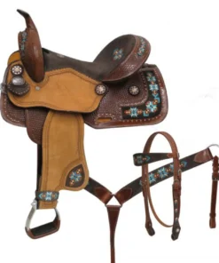 Double T barrel style saddle set embroidered Navajo suede inlays basket tooled leather full quarter horse bars
