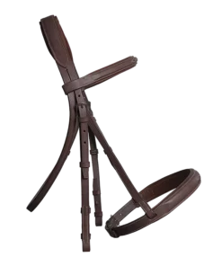Foam padded headpiece calfskin lining detail wide hunter bridle brown fancy stitching poll comfort