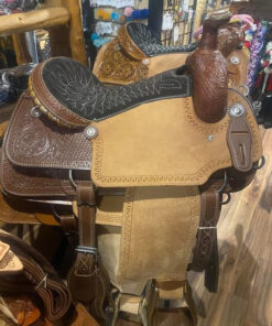 Basket tooled honey leather dark antique finish Greek key border Rockin W Comanche team roper saddle