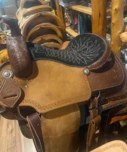 Rockin W 16 inch Comanche team roper saddle basket tooled honey leather black suede seat wrapped horn