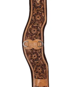 Floral tooled leather neoprene barrel racing cinch 32 inch center D-ring stainless steel buckles tan honey