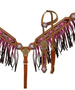 Showman ombre fringe headstall breast collar set beaded cross inlay teal rhinestone conchos medium leather