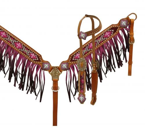Showman ombre fringe headstall breast collar set beaded cross inlay teal rhinestone conchos medium leather